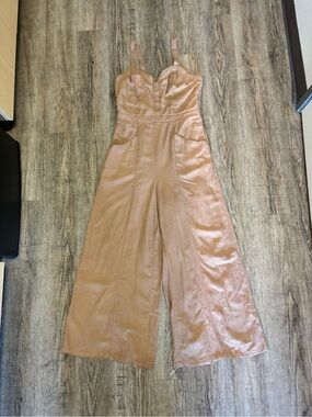 Japna Taupe Wide-Leg Linen-Blend Jumpsuit with Button Bodice